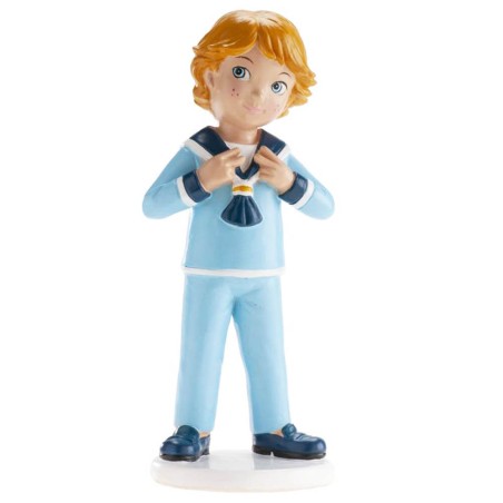 Figura de niño de comunión con traje azul haciendo gesto con las manos. 16 cm. Marca Dekora.