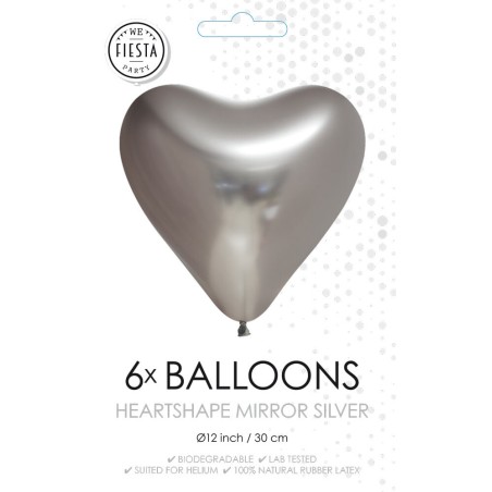 6 globos látex corazón plata cromado 30cm
