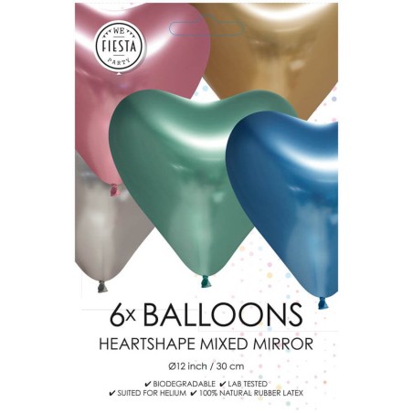 6 globos látex corazón surtidos cromado 30cm
