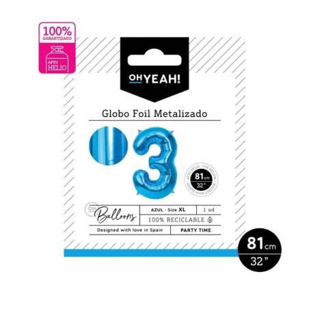 GLOBO NUMERO 3 AZUL 81CM