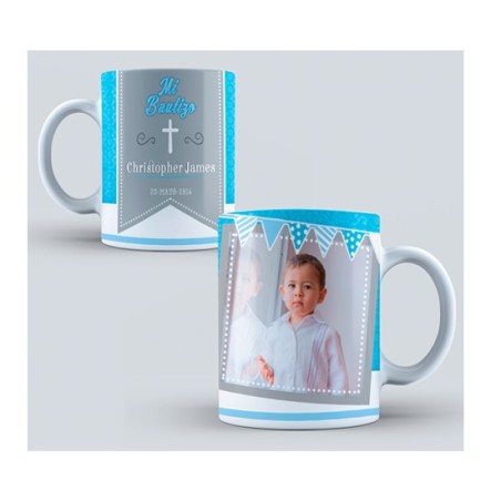 Taza personalizada foto - Bautizo banderin azul