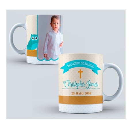 Taza personalizada foto - bautizo buho azul