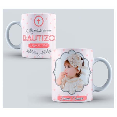 Taza personalizada foto - bautizo lunares rosa