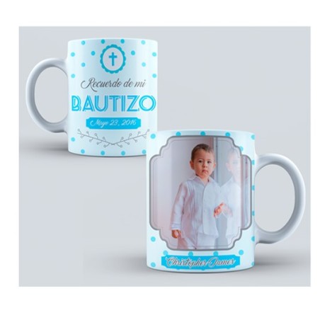 Taza personalizada foto - bautizo lunares azul