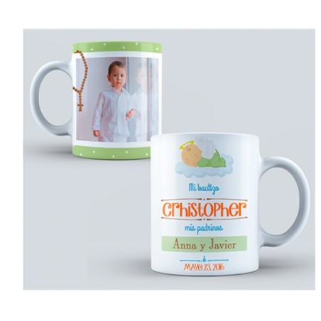 Taza personalizada con foto Bautizo - Verde