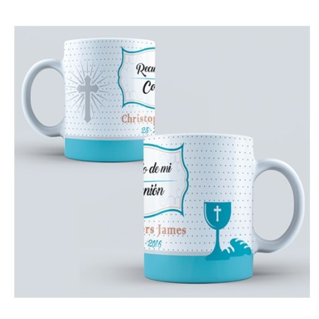 Taza comunión - lunares azul