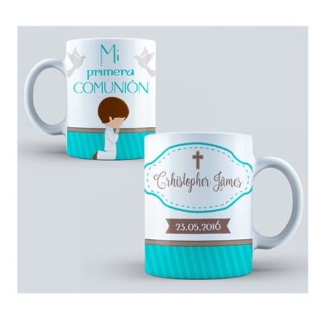 Taza comunión personalizada - Palomas azul