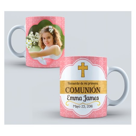 Taza comunión con foto - rosa