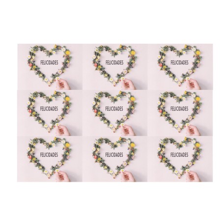 IMPRESION PAPEL DE AZUCAR CORAZON FELICIDADES X9 6X8.50CM