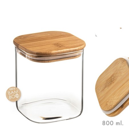 TARRO CIRSTAL CUADRADO 800ML TAPA BAMBU