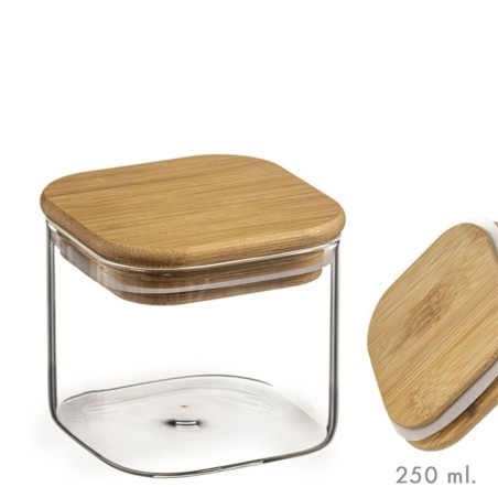 TARRO 250ML CRISTAL CUADRADO TAPA BAMBU