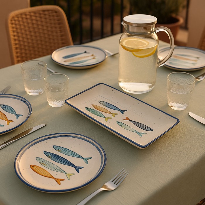 Fuente rectangular de cerámica decorada con peces – vajilla mediterránea Casa Joven