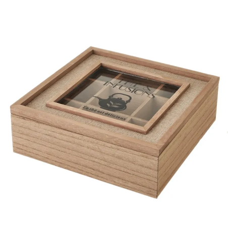 CAJA 9 COMPARTIMENTOS MDF-PINO-CRISTAL 24 X 24 X 8 CM 