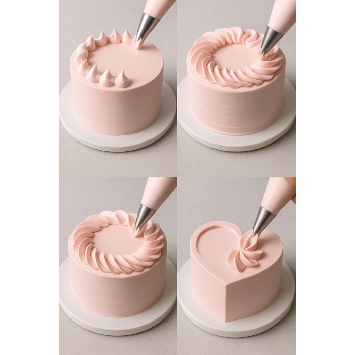 Decoraciones con boquilla Saint-Honoré en crema rosada: flores, llamas y espirales – Casa Joven