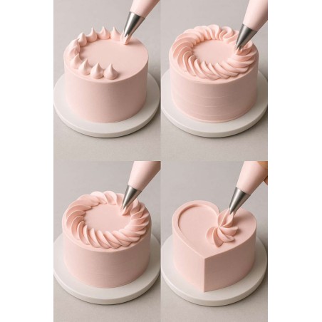 Decoraciones con boquilla Saint-Honoré en crema rosada: flores, llamas y espirales – Casa Joven
