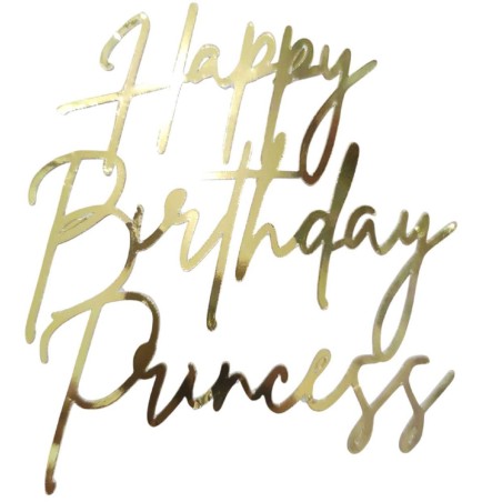 Topper Happy Birthday Princess – Dorado o Plateado Espejo