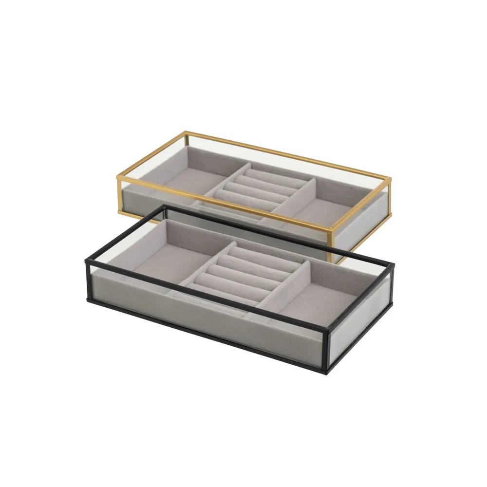 Bandeja joyero metal y cristal 23x12x4 cm en negro o dorado