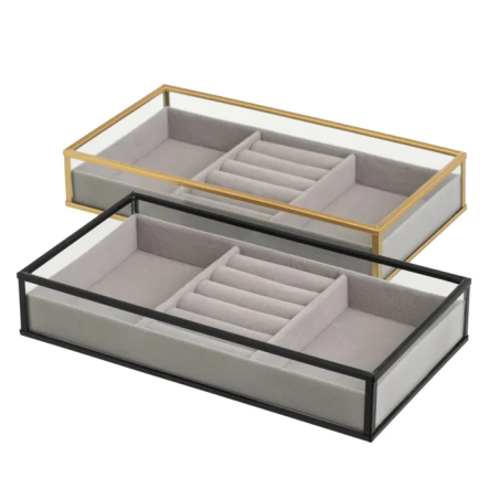 Bandeja joyero metal y cristal 23x12x4 cm en negro o dorado
