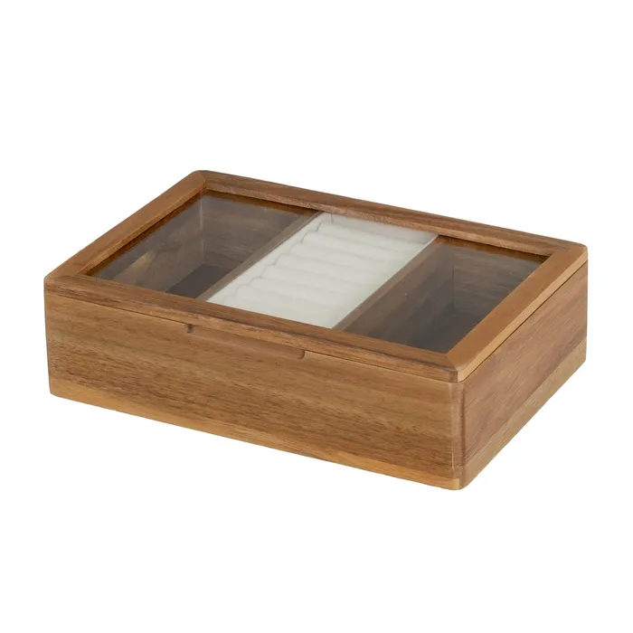 Joyero de madera de acacia con tapa de cristal 24x16x6,5 cm