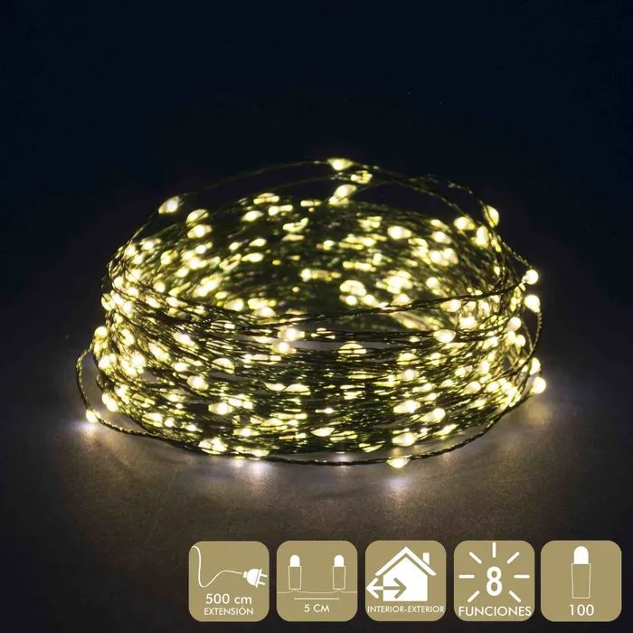 Cadena de 100 microLEDs cálidos 5 m cable verde interior y exterior