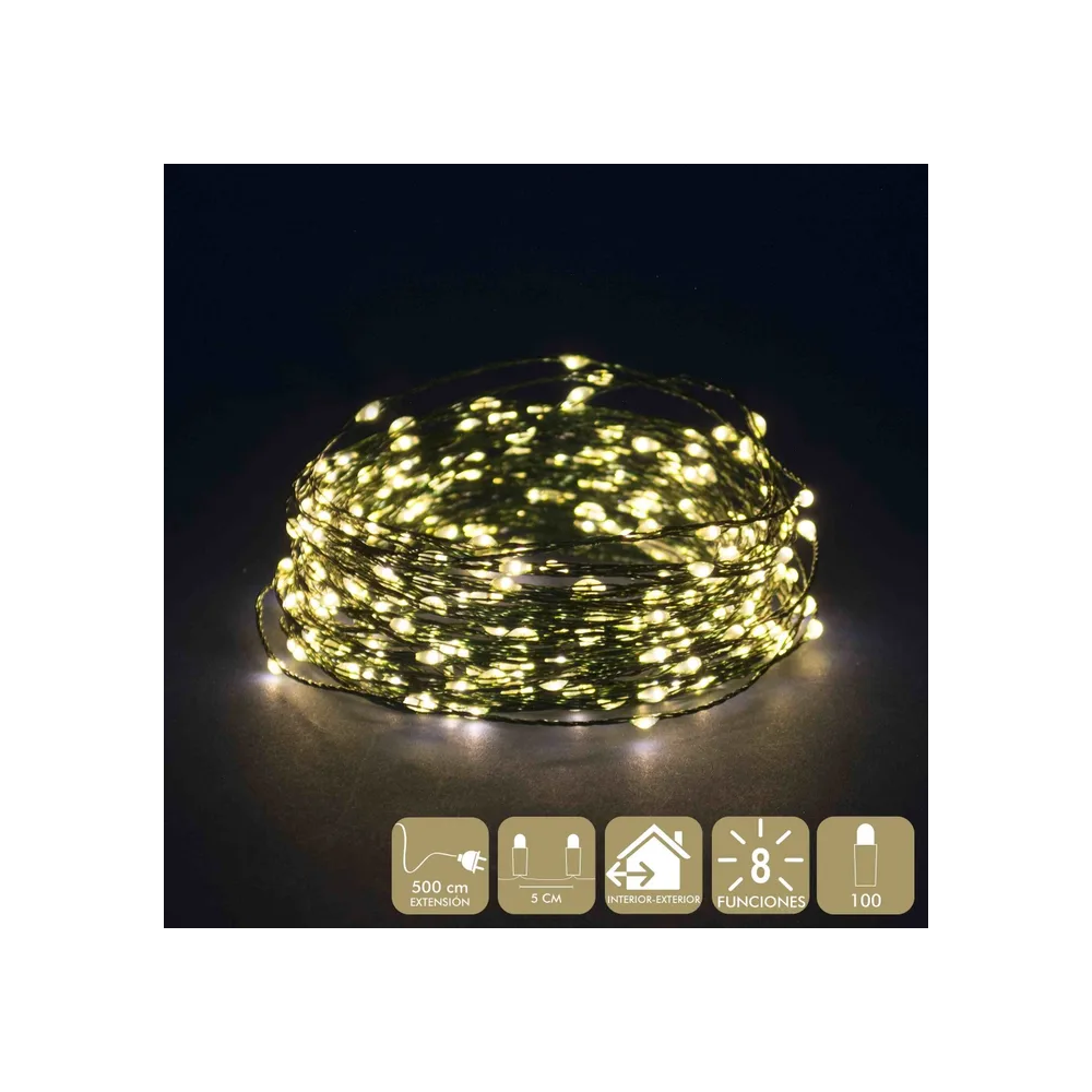 Cadena de 100 microLEDs cálidos 5 m cable verde interior y exterior