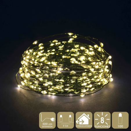 Cadena de 100 microLEDs cálidos 5 m cable verde interior y exterior