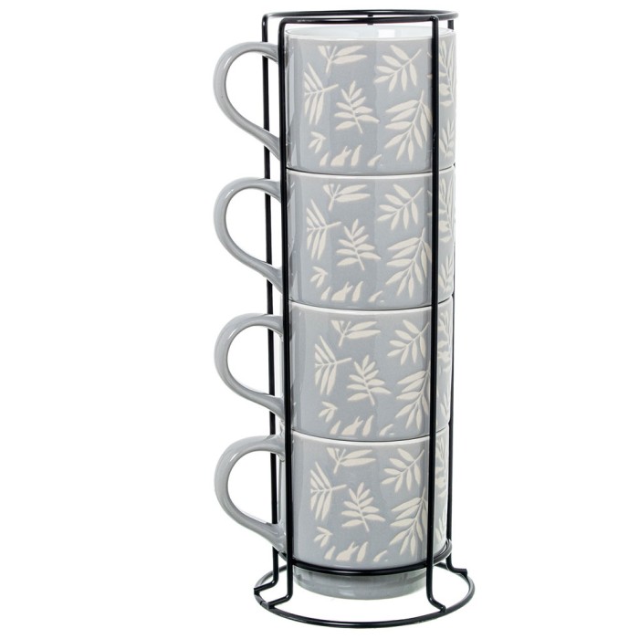 Set 4 Mugs Cerámica azul Hojas C/soporte metal Negro Mug:355ml 9x9cm