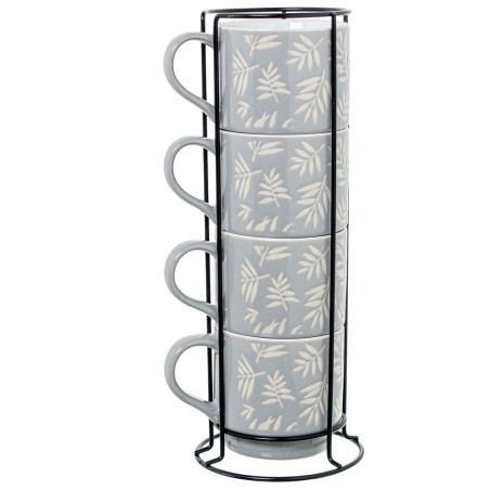 Set 4 Mugs Cerámica azul Hojas C/soporte metal Negro Mug:355ml 9x9cm