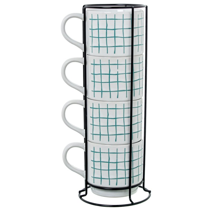  Set 4 Mugs Cerámica Blanca Cuadros Verdes C/soporte Met