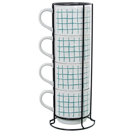  Set 4 Mugs Cerámica Blanca Cuadros Verdes C/soporte Met