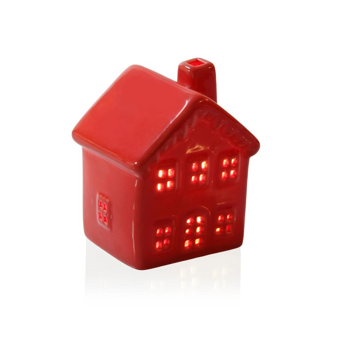 FIGURA DE CERAMICA CON LUZ LED CASA ROJA