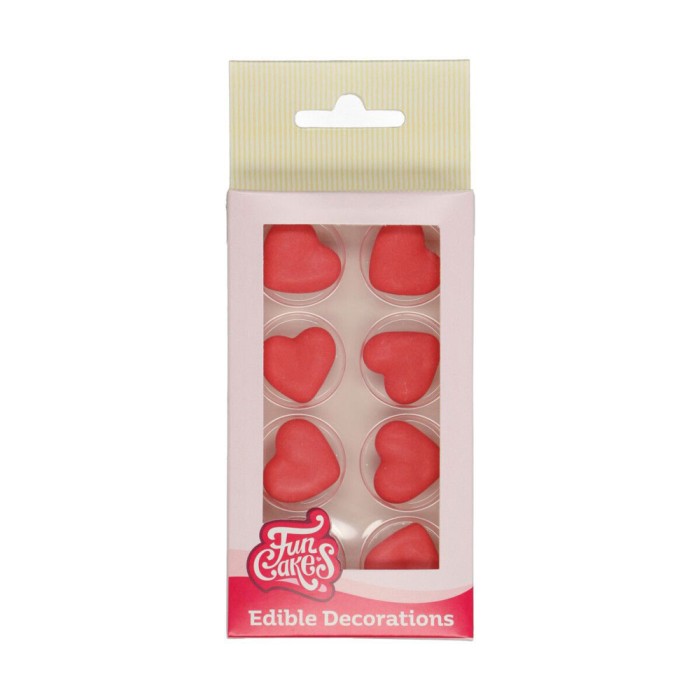 Decoraciones de azúcar con forma de corazón rojo FunCakes, pack de 8 unidades para decorar cupcakes y tartas.
