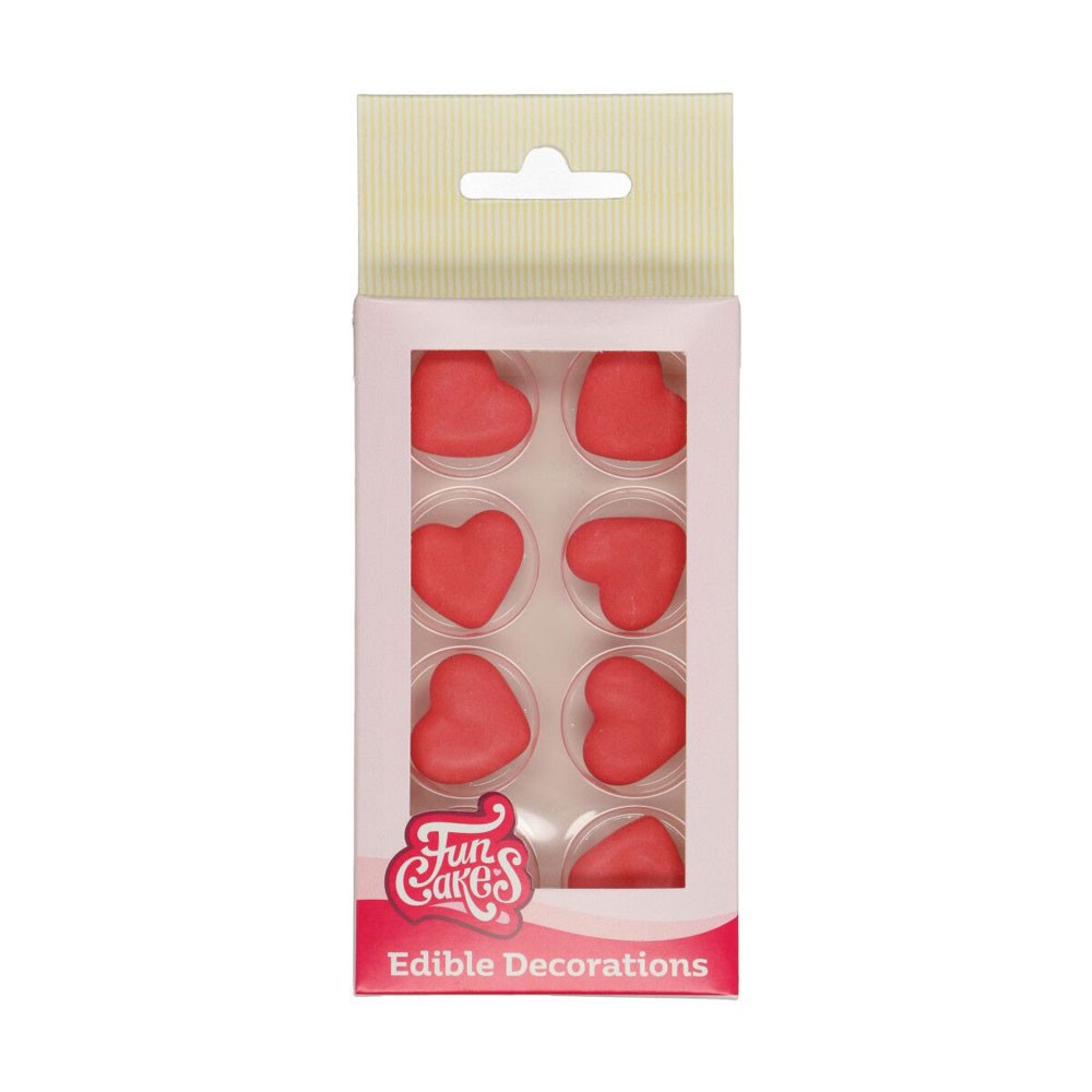 Decoraciones de azúcar con forma de corazón rojo FunCakes, pack de 8 unidades para decorar cupcakes y tartas.