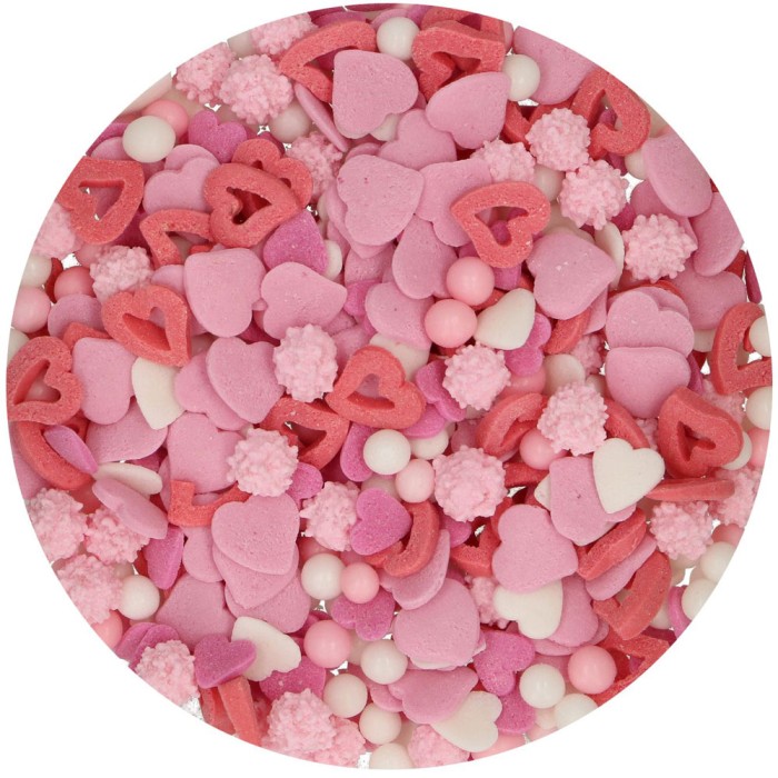 Mezcla de sprinkles FunCakes Sprinkle Medley Love en tarro, colores blanco, rosa y rojo para decorar cupcakes y tartas.