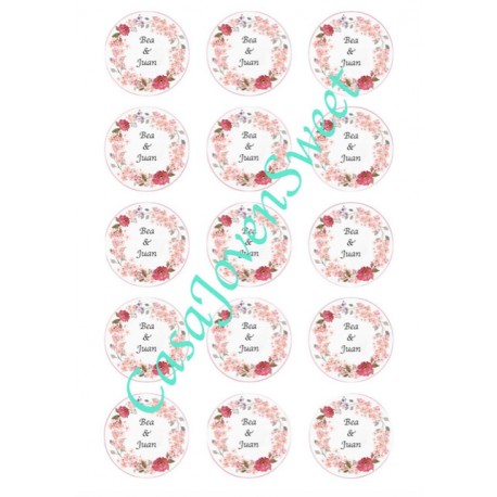PAPEL DE AZUCAR 15 CIRCULOS FLORES ROJAS BODA DIN A4