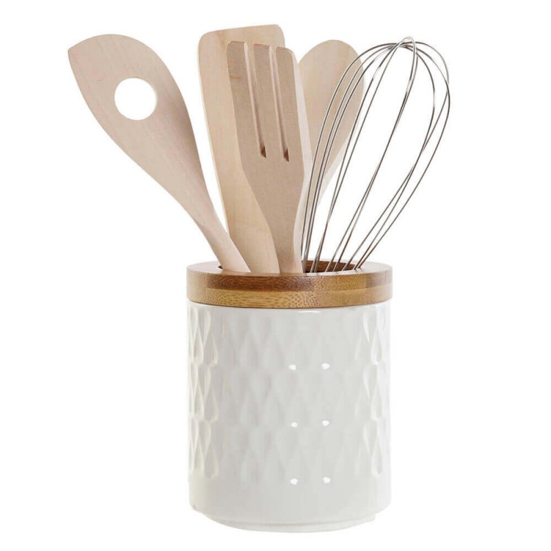 Porta utensilios de cocina Bote para utensilios cerámica y bambú Soporte utensilios  cocina cuadrado blanco brillo, bote utensilios cocina
