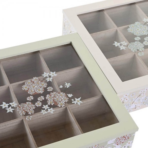 Caja de madera Infusiones con 6 compartimentos y tapa de cristal 6,5 x  20,5 x 15,5 cm. Caja de almacenamiento para guardar inf