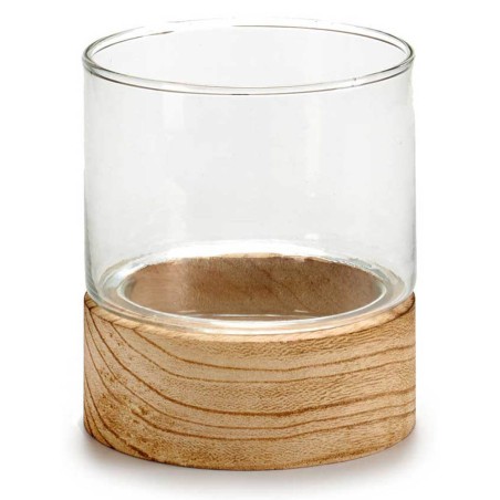 PORTAVELAS DE CRISTAL CON BASE MADERA