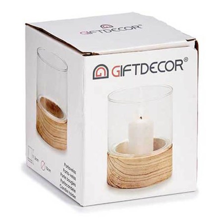 PORTAVELAS DE CRISTAL CON BASE MADERA